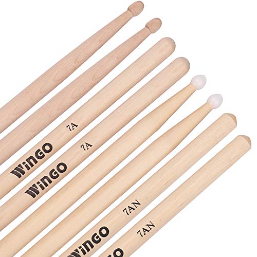 7A/7AN Drum Sticks with Wood Tips or Nylon Tips - WINGO 2 Pack Maple Drumsticks with Carrying Bag Holder - Thumbnail 4
