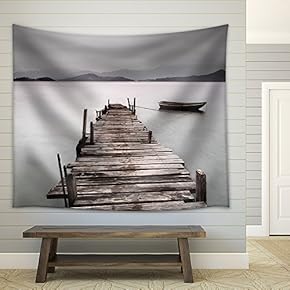 Looking Over a Pier and a Boat, Low Saturation - Fabric Wall Tapestry Home Decor - 51x60 inches