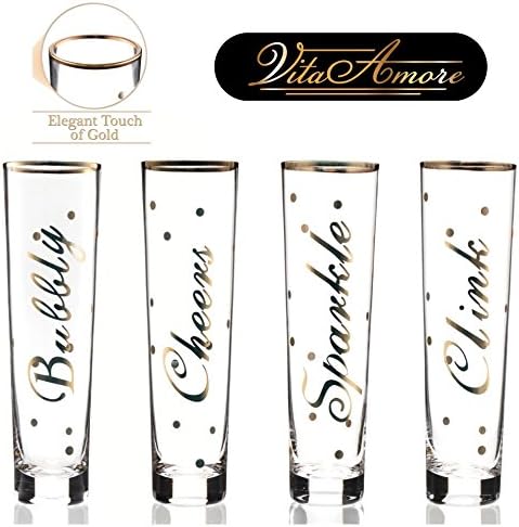 Stemless Toasting Flutes by Vita Amore, Set of 4 – Lustrous Gold Accents – 8 Ounce, Collection 2