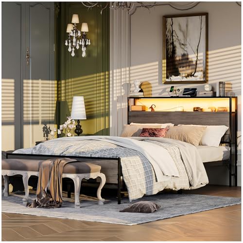 Simple Wisdom Cama Matrimonial 1.4 M con Base y Cabecero de Almacenamiento, 2 Salidas de Carga y 2 Puertos USB y Luces LED(Gris)