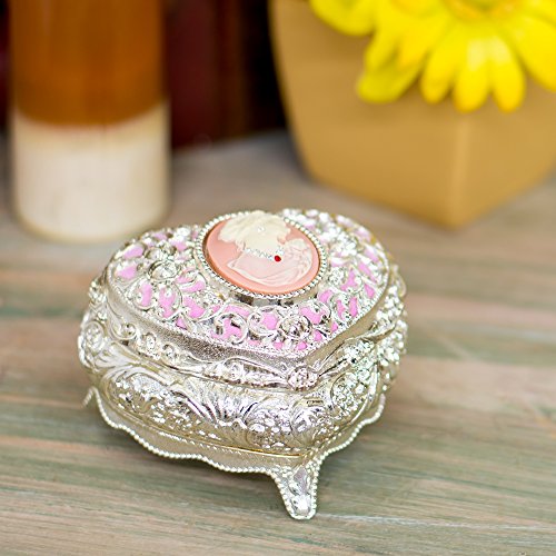 Pink and Silver Tone with Swarovski Crystals Metal Heart Jewelry Music Box Plays Bolero