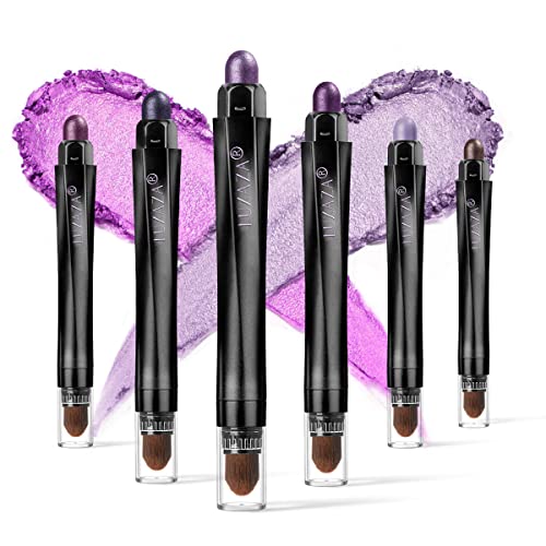LUXAZA 6 PCS Purple Metallic Eyeshadow Stick Set, Light to Dark Cream Eye Shadow Pencil Crayon Brightener Highlighter Makeup Stick Kit, Hypoallergenic Waterproof Shimmer Eyeliner Make Up