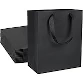 QIELSER 24 Medium Size Kraft Gift Bags - 8x4.75x10 Inches, Black Paper Shopping Bags with Ribbon Handles for Parties, Weddings and More