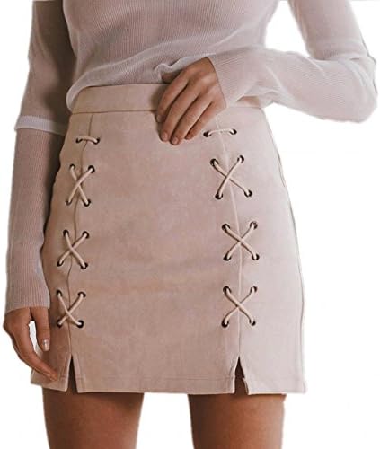 Women's Classic High Waist Lace Up Bodycon Faux Suede A Line Mini Pencil Skirt