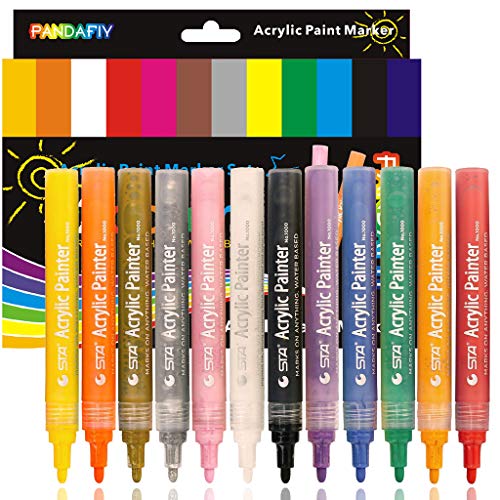 Acrylic Paint Pens for Rocks Painting, Glass, Metal, Canvas, Wood, Ceramic, Fabric, DIY Craft Making Supplies, Water-Based Medium-Tip Permanent Marker, Christmas Gift for Kids & Adults (12 Pack)