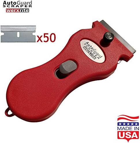 Werxrite AutoGuard Safety Razor Blade Scraper for Glass &amp; Ceramic Stovetops, Tile, Glass Sticker &amp; Adhesive Removal, Paint Scraping, Metal and more (Scraper + 50 Replacement Blades, Red)