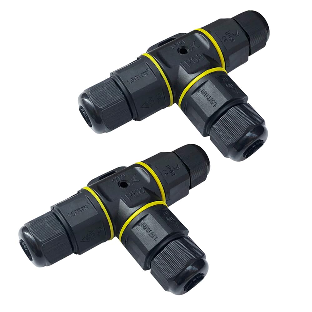 QitinDasen 2 Pieces T-Shape 3 Way Waterproof Outdoor Cable Connectors, IP68 Waterproof Junction Box Outdoor Cable Connector, for Cable Diameter 5～9 mm (Screw Type)