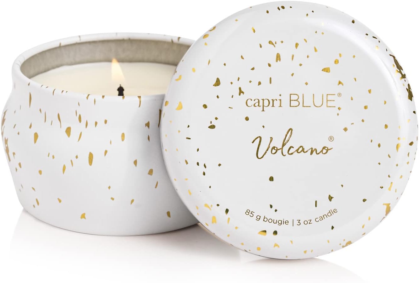 Candles & Holders - Capri Blue Glimmer Mini Tin - Volcano Scented Candle with Mini Tin Candle Holder - Luxury Aromatherapy Candle - 3 Oz - White and Gold