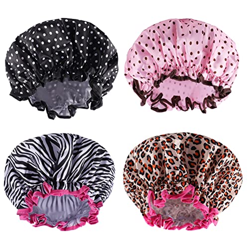 4 Pcs Shower Cap for Women, Shower Cap Reusable Waterproof Double Layers Shower Hat Bath Caps for Short and Medium Hair