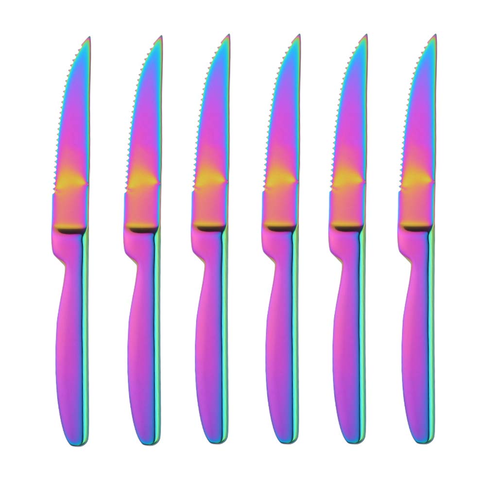 BISDARUN Steak Knives Set of 6 Stainless Steel Serrated Rainbow Coloured Steak Knife Iridescent Steak Cutlery for Cutting Meat Knives 22cm(8.65 inch) Length