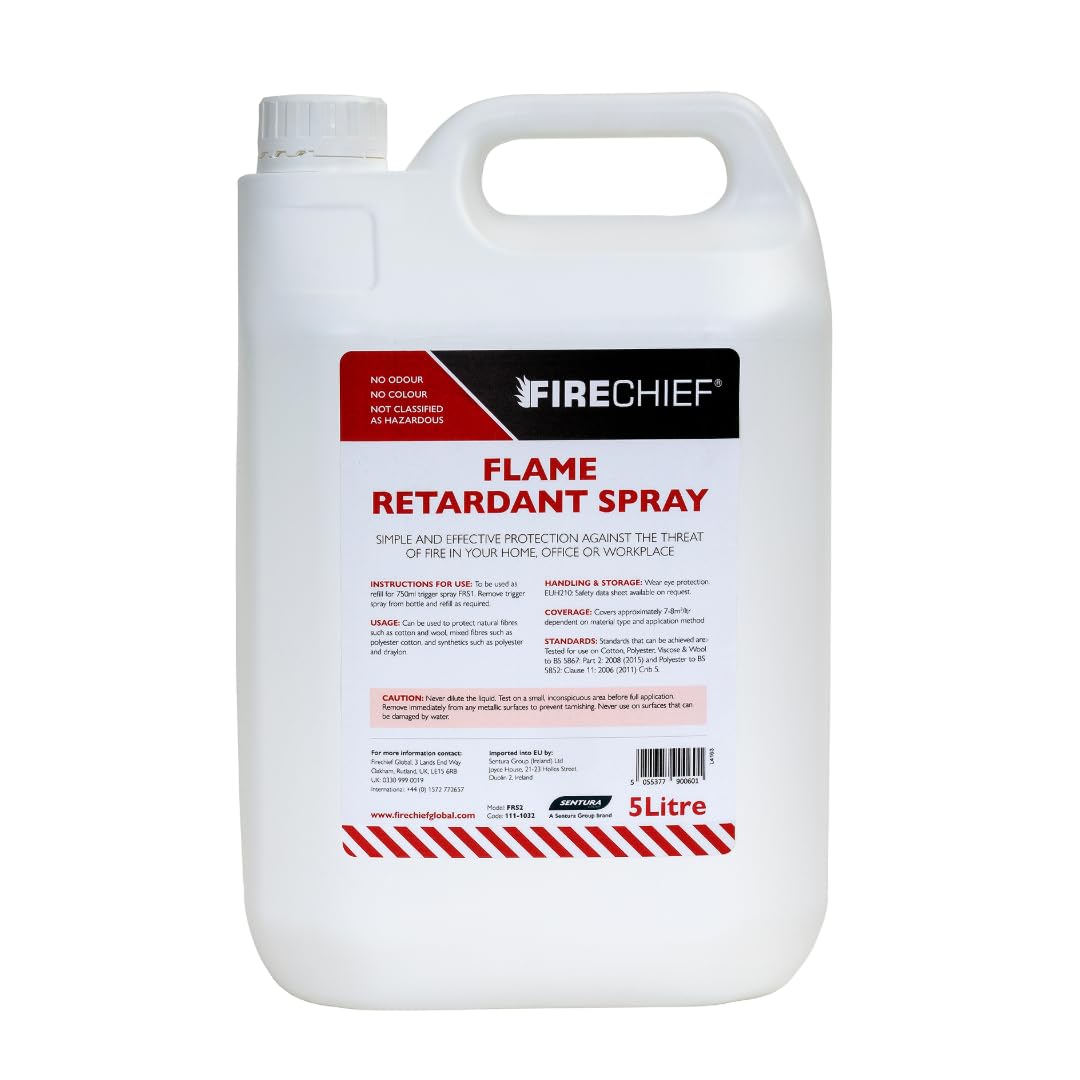 Firechief Flame Retardant Spray Refill, 5 Litre - Fabric Protector for Cotton, Polyester, and Hessian Fabric - Cushion, Curtain, and Sofa Protector Liquid - Fire Retardant Spray Refill