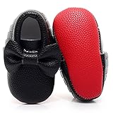 HONGTEYA Red Bottoms Shoes- PU Leather Newborn Baby Shoes Girl Boy Moccasins Bebe Fringe Soft Red Soled Non-Slip Crib Shoe (11.5cm 3-6 Months 4.53inch, Bow-Black)