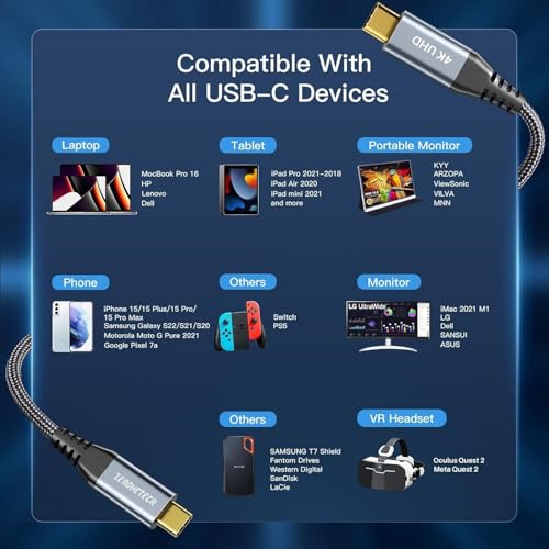 ZeroneTeck USB C Cable 3ft, USB C 3.2 Gen 2X2 Cable, 4K Monitor Video Output, 20Gbps High Speed Data Transfer, 100W Fast Charging for Carplay iPhone 16, MacBook, Dell, ARZOPA, KYY for Portable Monitor