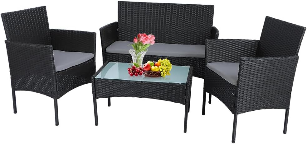 Panana Rattan Garden Furniture Set 4 Piece with Glass Table Cushions