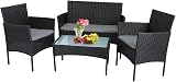 Panana Rattan Garden Furniture Set 4 Piece with Glass Table Cushions