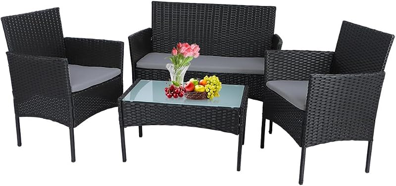 Panana Rattan Garden Furniture Set 4 Piece with Glass Table Cushions