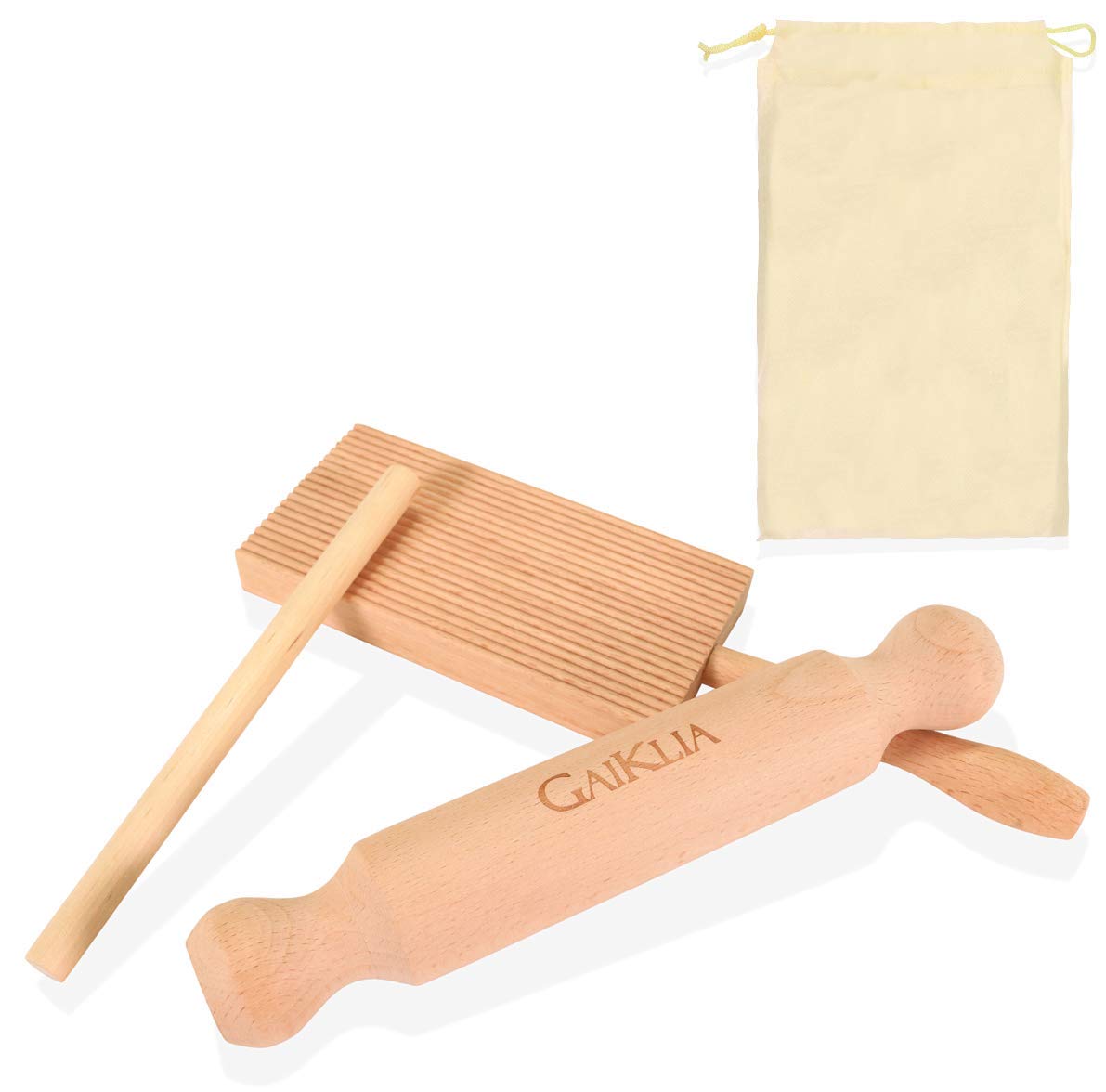 Gaiklia Gnocchi Board with Paddle - Authentic European Beechwood Garganelli Homemade Pasta Stripper - Complete with Penne Rolling Dowel Pin