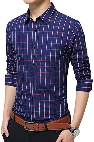 Men's 100% Cotton Long Sleeve Plaid Slim Fit Casual Formal Dress Shirt XUNMOO (X-Large, Blue)