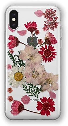 Recover Real Flower iPhone XR Case. Handmade Pressed Dried Flower Case for Girls & Women. Soft Rubber Silicone Clear Protective Cover for iPhone XR. (Red Flower)