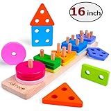 Wooden Educational Toys Best Birthday Gifts for 1 2 3+ Years Boy Girl Toddler Preschool Shape Sortor Montessori Developmental Color Recognition Blocks Sorting Stacking Preschool Toys Non-Toxic (16IN)
