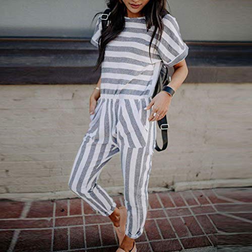 Corriee Rompers for Women Casual Summer Striped Short Sleeve O-Neck Long Jumpsuit Gray