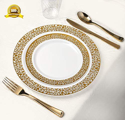 ENUOSUMA 150 Piece Plastic Plates, Dinnerware & Cups Set - Gold Plates with Lace Design -Disposable Tableware include Dinner Plates Salad Plates, Cups, Spoons, Forks & Knives for Wedding or Party - Thumbnail 4