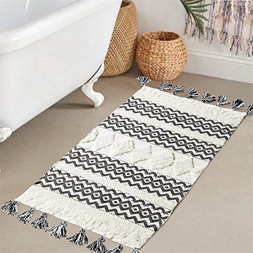 Seavish Boho Small Bathroom Rug,2x3 Black/White Cotton Tufted Hand