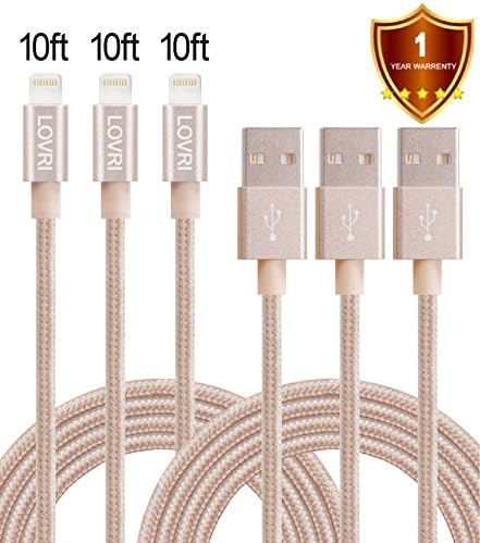 LOVRI 3 Pack 10FT Nylon Braided 8Pin Lightning to USB Cable Charging and Sync Cord with Aluminum Connector for iPhone 7/7plus/6/6s plus, 5c/5s/5, iPad Air/Mini,iPod Nano/Touch (Gold)