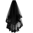 STOBOK Black Bridal Veil with Comb Lace Vintage Gothic Wedding Veil Lace Rose Flower Decoration Veil Bridal Hair Accessory for Wedding Halloween