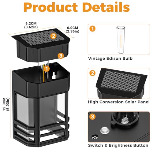 btfarm 4 Pack Solar Fence Lights Outdoor with 3 Brightness, Retro Wall Lights Solar Powered Edison LED Bulbs, Waterproof Post Wall Mount Lights for Deck Porch Garden Patio Backyard Decor, Warm White