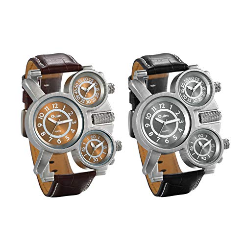 Men's Watch 2Pcs Unique Military Big Face Multi Time Zone Three Analog Dials Comfortable Leather Band Sport Watches