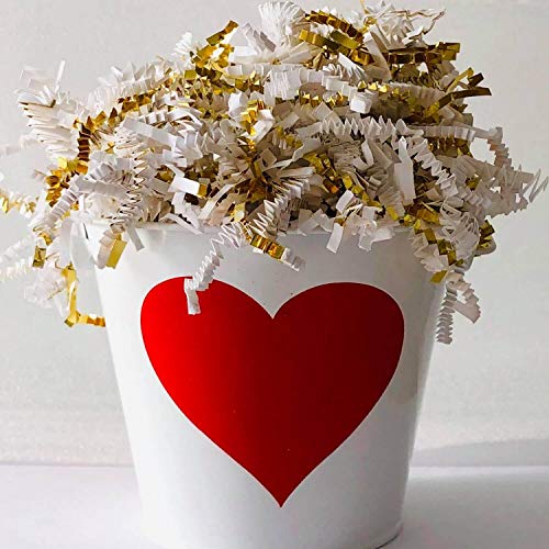 Crinkle Cut Paper Shred Filler for Packing and Filling Gift Baskets, Natural Craft Bedding in Brown Kraft Red Pink White Green Yellow Blue and White â€¦ (2 LB, White and Gold)