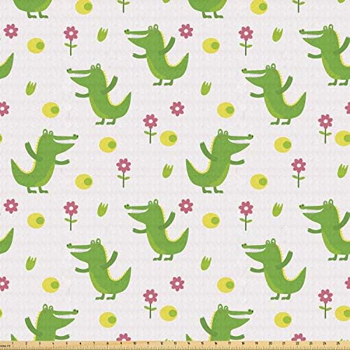 Happy Crocodile With Flowers Joyful Playroom Child Zoo Safariカートゥーン ストレッチニット生地 衣類の裁縫やアートクラフト用 3ヤード ライムグリーン