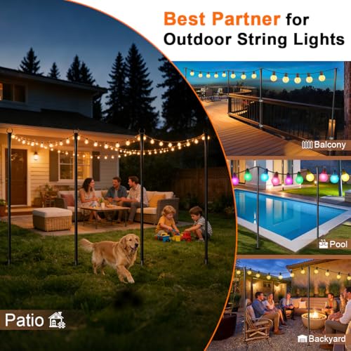 6 Pack String Light Poles for Outside, Upgraded Heavy-Duty Metal Poles for Outdoor String Lights with Fork, Adjustable Lighting Hanging Accessories for Patio Decor Pergola Backyard Garden Decorations