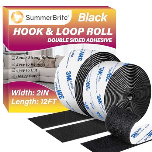 12Ft x 2 Inch Hook and Loop Tape, Heavy Duty Double-Sided Adhesive Strips, Strong Sticky Back Fastener Roll, Cuttable Interlocking Tape Fasteners for Home, Office, Car, School & DIY Crafts Black