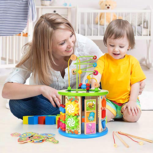 Victostar Activity Cube, 10 in 1 Bead Maze Multipurpose Educational Toy Wood Shape Color Sorter for Kids