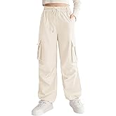 Ninobebe Girls Cargo Jogger Pants Parachute Pants with Elastic Waist and Pockets Cargo Trousers for Teens Girls 7-14 Years