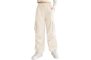 Ninobebe Girls Cargo Jogger Pants Parachute Pants with Elastic Waist and Pockets Cargo Trousers for Teens Girls 7-14 Years