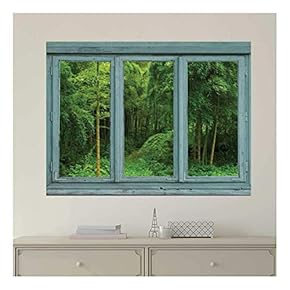 Vintage Teal Window Looking Out Into a Green Jungle with a Path - Wall Mural, Removable Sticker, Home Decor - 24x32 inches