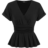 CIDER Womens Business Casual Tops Ruffle Deep V Neck Dressy Short Sleeves Wrap Top Ruched Summer Trendy Outfit
