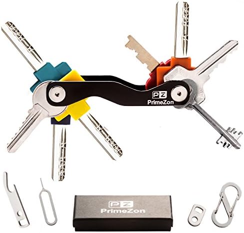 Key Holder Smart Organizer key Design folding, Compact Easy to Use, Carry, fits Most Keys (up to 20), include SIM &amp; Bottle Opener, Carabiner &amp; Key Loop for Car Fobs (Black) - PrimeZon