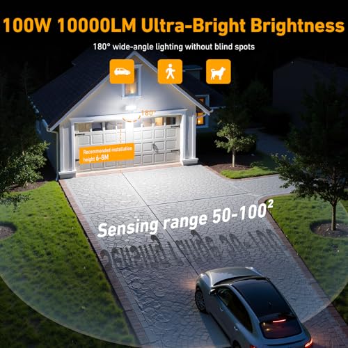 LED Spotlight with Motion Sensor – 2 Pieces 100W 10000LM 6 in 1 Outdoor Light with Motion Sensor, IP67 Waterproof White 7000K Outdoor LED Floodlight for Garden, Patio, Garage and Street