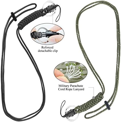 2 Pack Paracord Lanyard Necklace Military Grade Retractable,Multi-Purpose for Key, Wrist Strap,Whistles Cord,Camera,Cellphone,Waterproof Case Holder,Rope Badge with Metal Hook (Black+Olive)