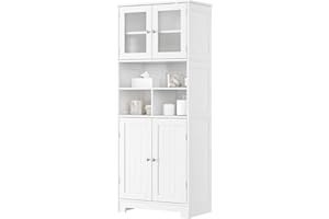 HORSTORS Tall Bathroom Storage Cabinet, Wooden Storage Cabinet with Doors and Shelves, Freestanding Pantry Cabinet, Modern Linen Floor Cabinet for Bathroom, Living Room, Kitchen, White