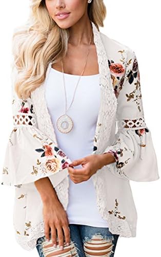 Yonala Women's Boho Lace Patchwork Floral Print Coat Tops Casual Kimono Cardigans