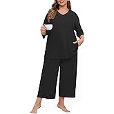 Lastshe Women's Plus Size Pajama Set 2 Piece V Neck Capri Pants Loungewear with Pockets Knit Soft Pjs Sleepwear
