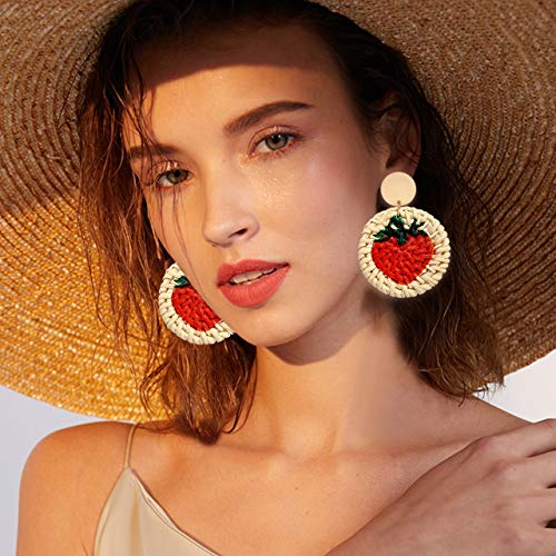 CEALXHENY Rattan Earrings Straw Wicker Braid Earrings Tropical Fruit Print Drop Dangle Earrings Handmade Statement Earrings for Women Girls (Strawberry)