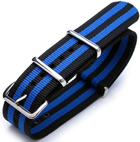 NATO 20mm Heat Sealed G10 Nylon Watch Strap, Polished Buckle, Black &amp; Blue Strips
