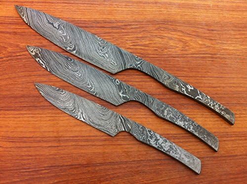 Three custom hand made Damascus steel kitchen knife blank blade set