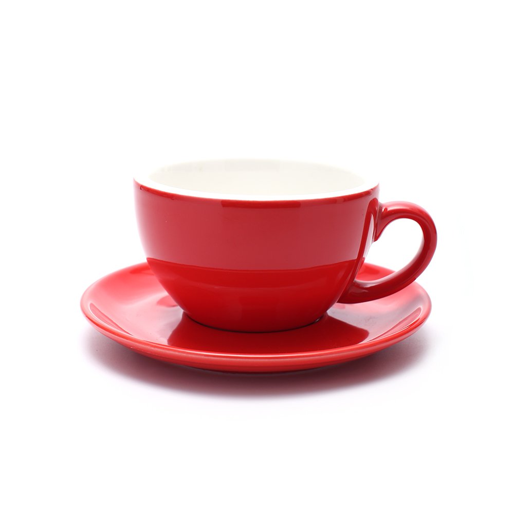 Coffeezone Manual Brew Coffee Cup and Saucer, Latte Art Cappuccino for Coffee Shop and Barista (Glossy Red, 8.5 oz)